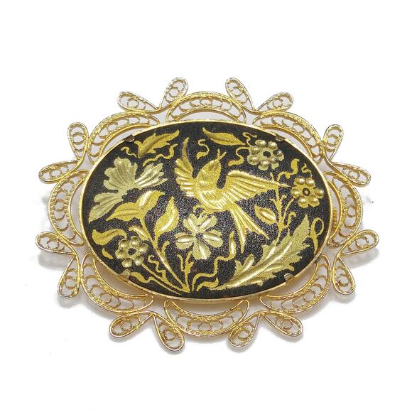 Vintage Spanish Damascene Brooch, Gold Inlay Bird Flower Pin, Filigree Frame - Picture 2 of 10